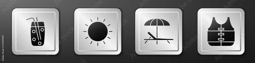 Set Cocktail and alcohol drink, Sun, Sunbed and umbrella and Life jacket icon. Silver square button.