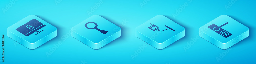 Set Isometric Lock on computer monitor, Old key, Door handle and Security camera icon. Vector.