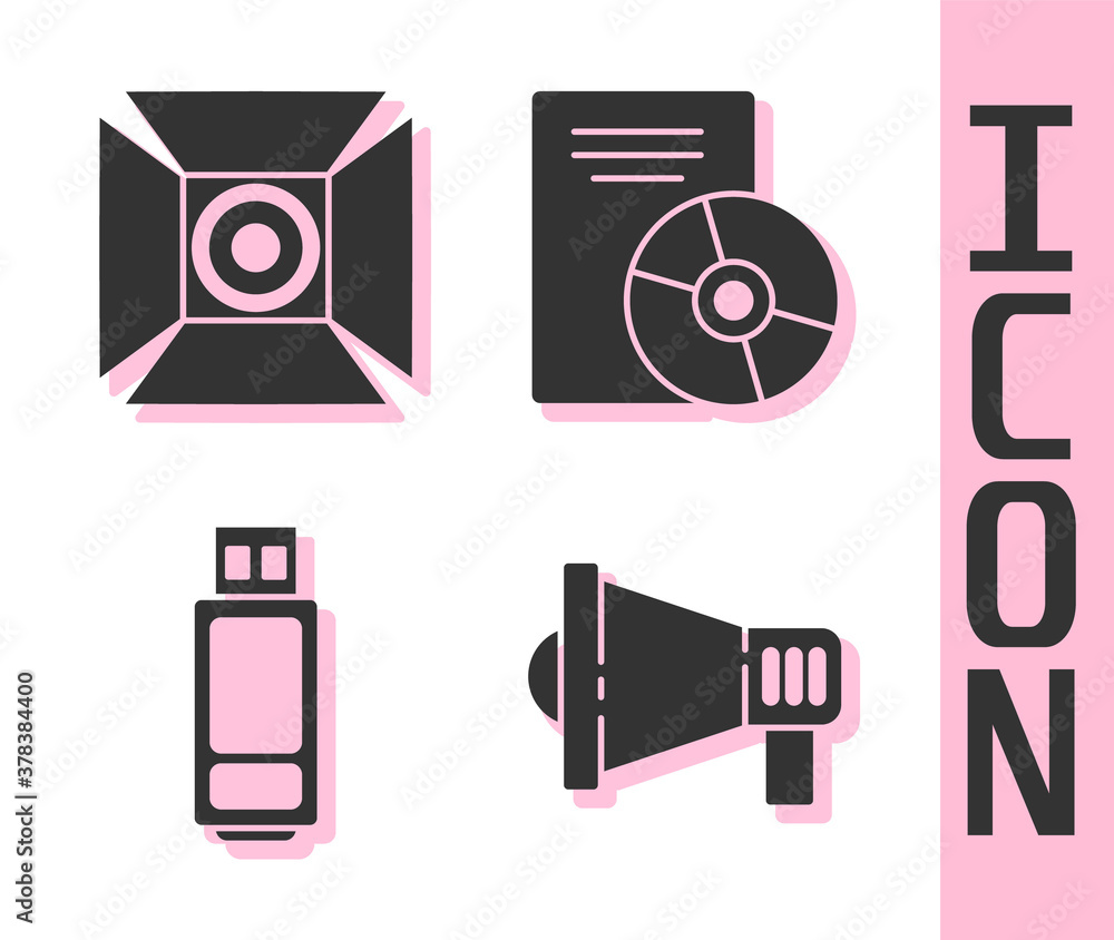 Set Megaphone, Movie spotlight, USB flash drive and CD or DVD disk icon. Vector.