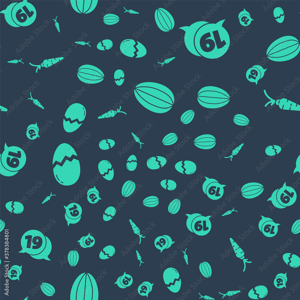 Set Easter egg, Speech bubble with happy easter, Broken egg and Carrot on seamless pattern. Vector.