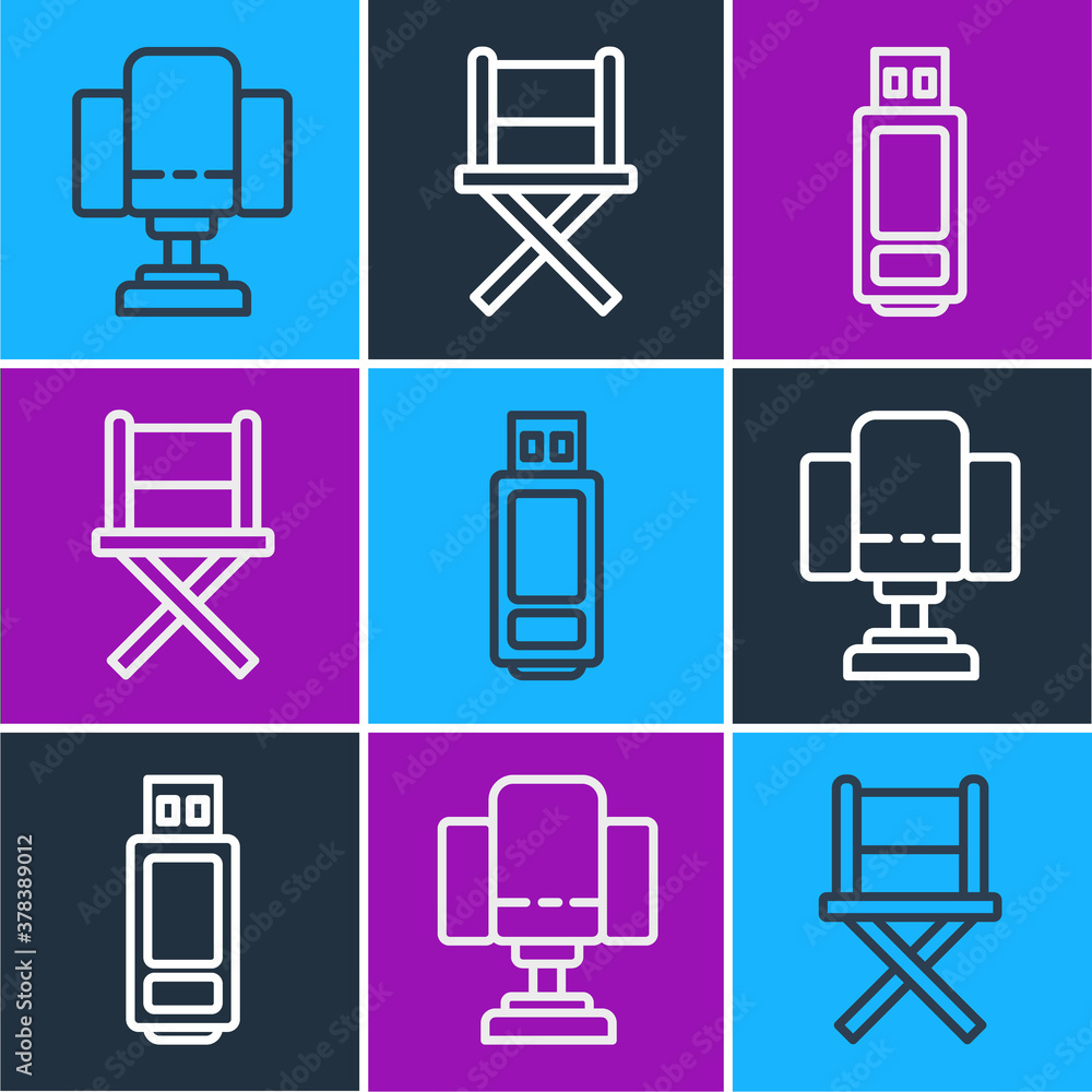 Set line Director movie chair, USB flash drive and Director movie chair icon. Vector.