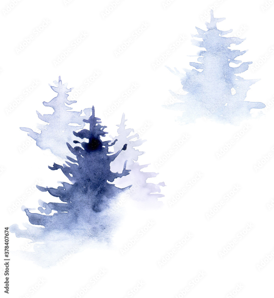 watercolor drawing, set of abstract fir trees. abstract drawing of blue color, silhouette of the for