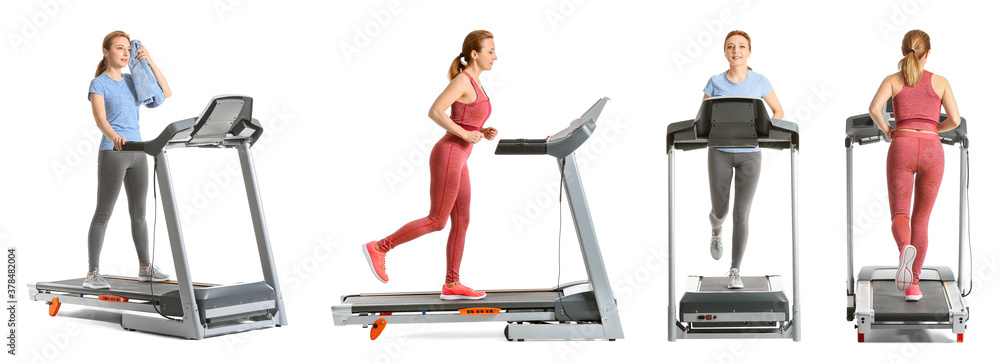 Sporty woman training on treadmill against white background