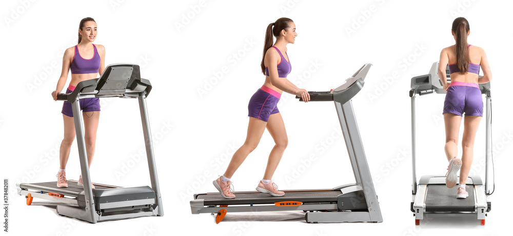 Sporty young woman training on treadmill against white background