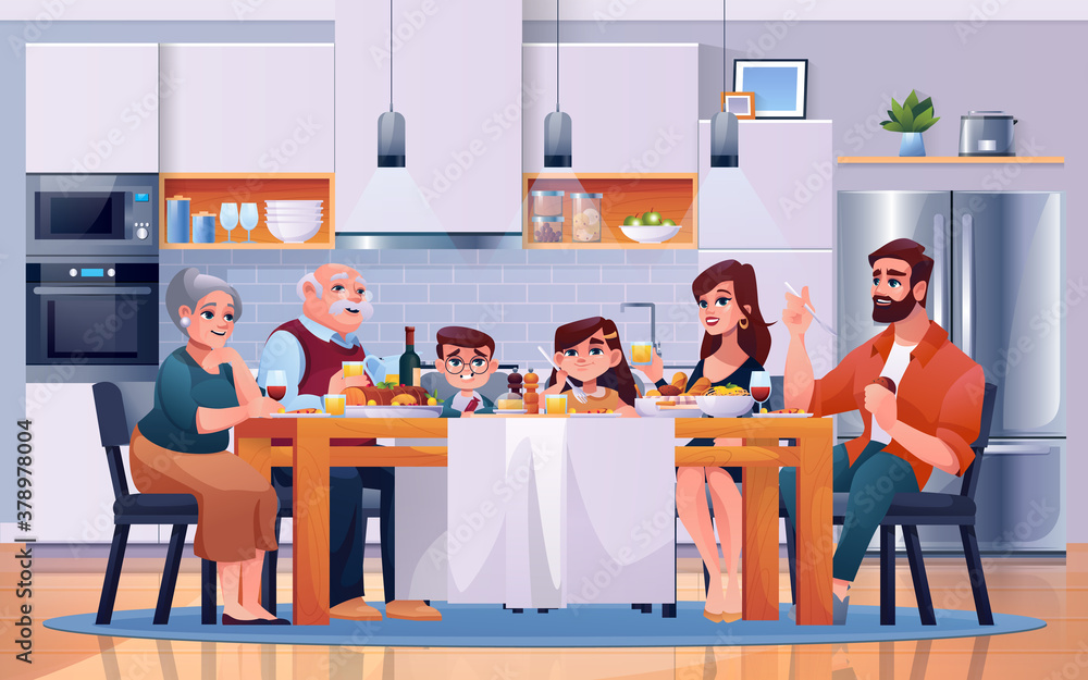 Family dinner at kitchen table, eating food, vector cartoon flat illustration. Happy family together
