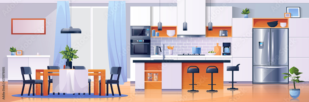 Kitchen interior background, modern home furniture, vector. Kitchen dining room table and appliances