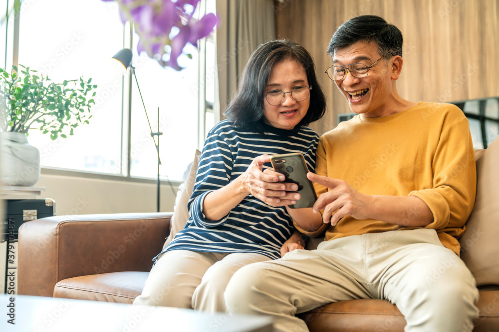 Happy senior old asian lover couple holding smartphone looking at cellphone screen laughing casual r