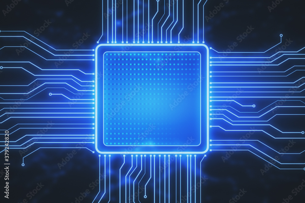 Digital circuit microchip on abstract background.