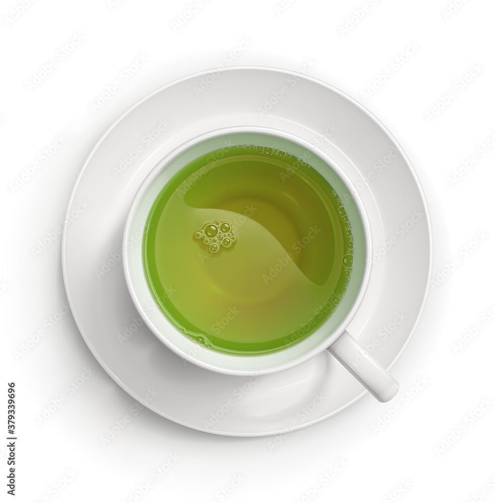 Cup of green tea on plate