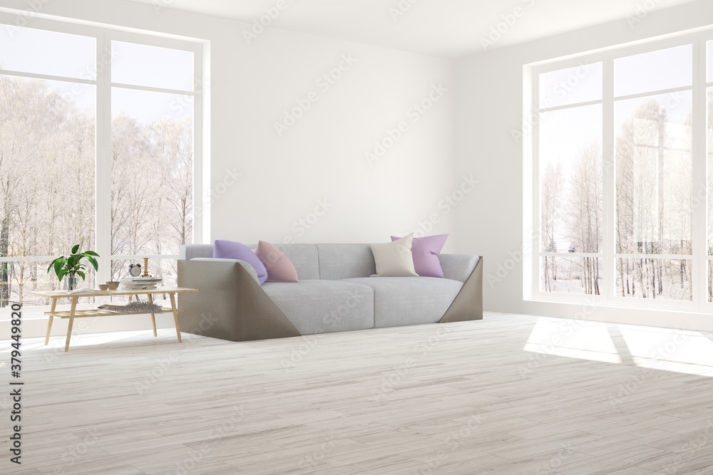 白色房间，带沙发，窗户里有冬季景观。斯堪的纳维亚室内设计。3D插图