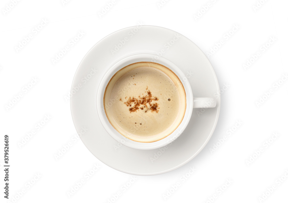 Flat lay (top view) of Cappuccino coffee  in white cup isolated on white background. clipping path.