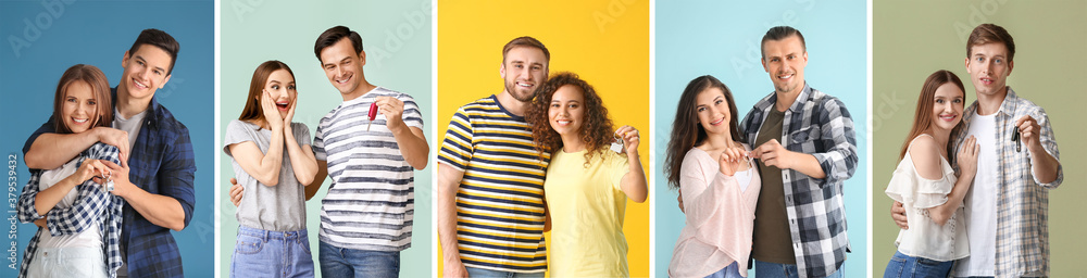 Set with different people holding keys on color background