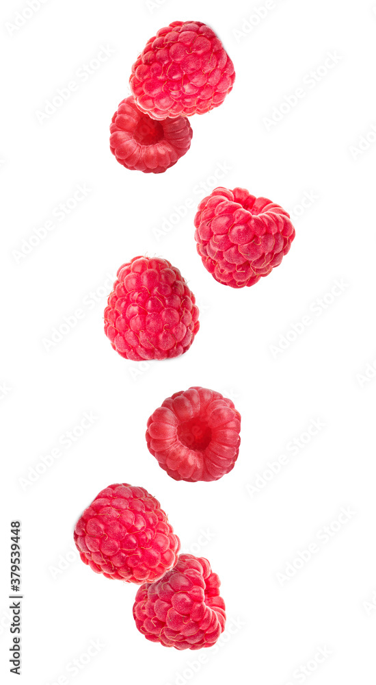 Falling tasty raspberries on white background