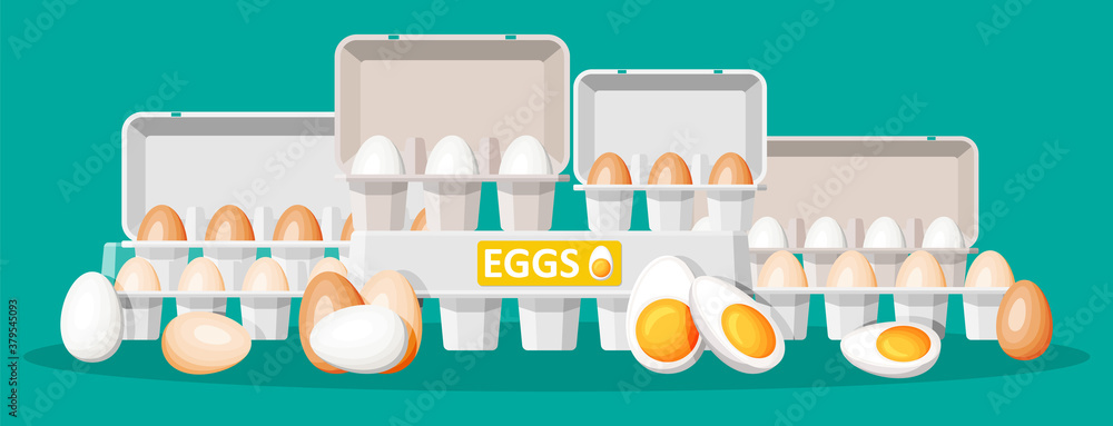 Set eggs in cardboard package isolated on green. Cartoon white and brown egg icon in tray. Dairy foo