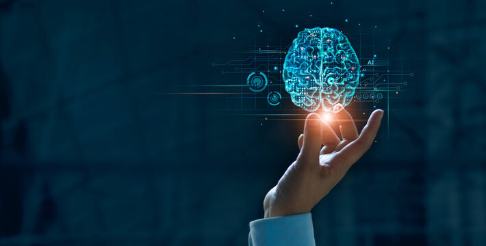 Hand touching brain of AI, Symbolic, Machine learning, artificial intelligence of futuristic technol