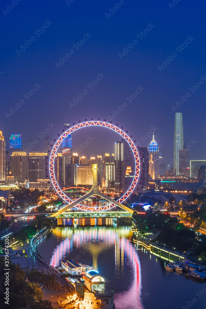 Close-up of night view of Ferris wheel in Tianjin Eye, Tianjin, China