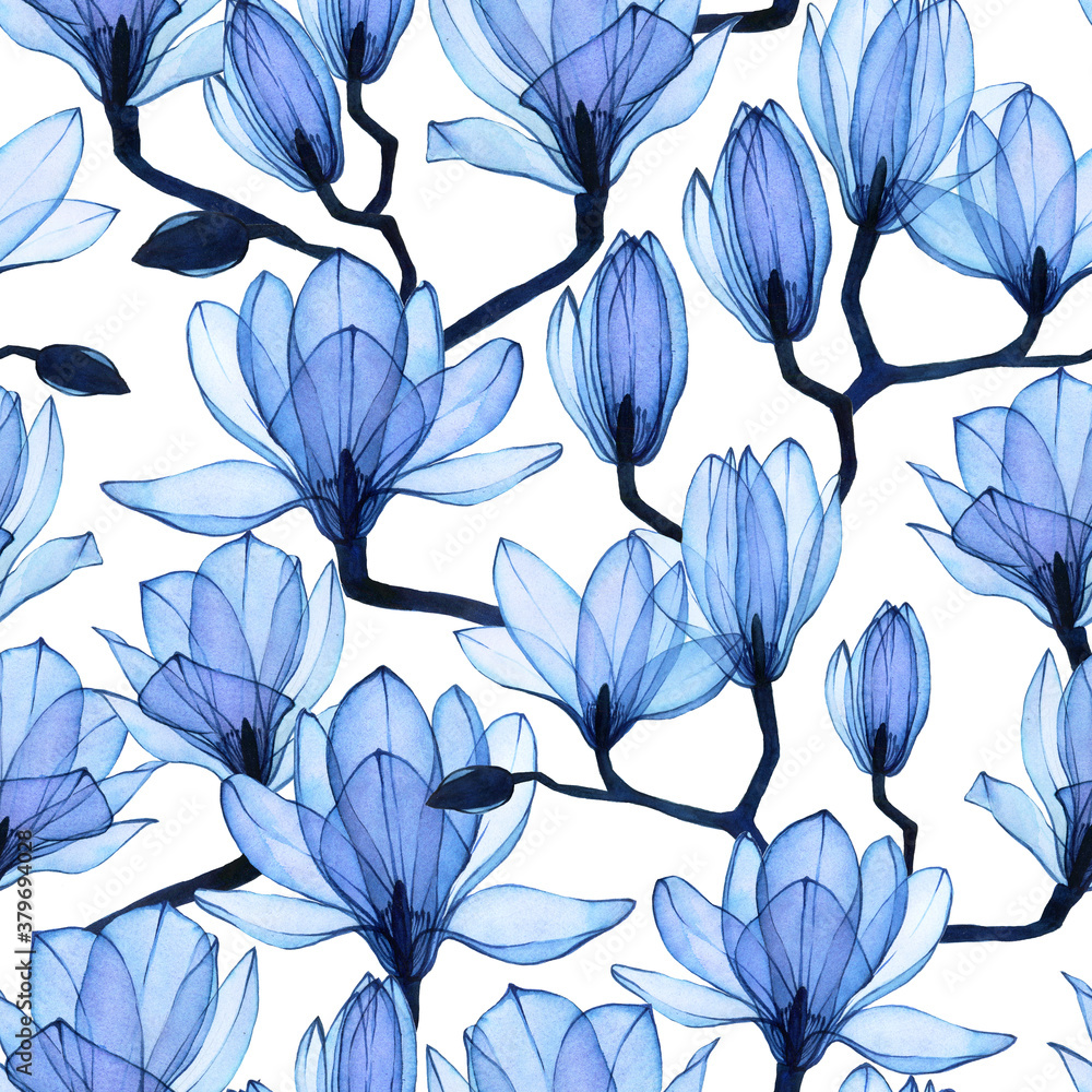 watercolor seamless pattern with transparent blue magnolias. transparent flowers of blue color on a 