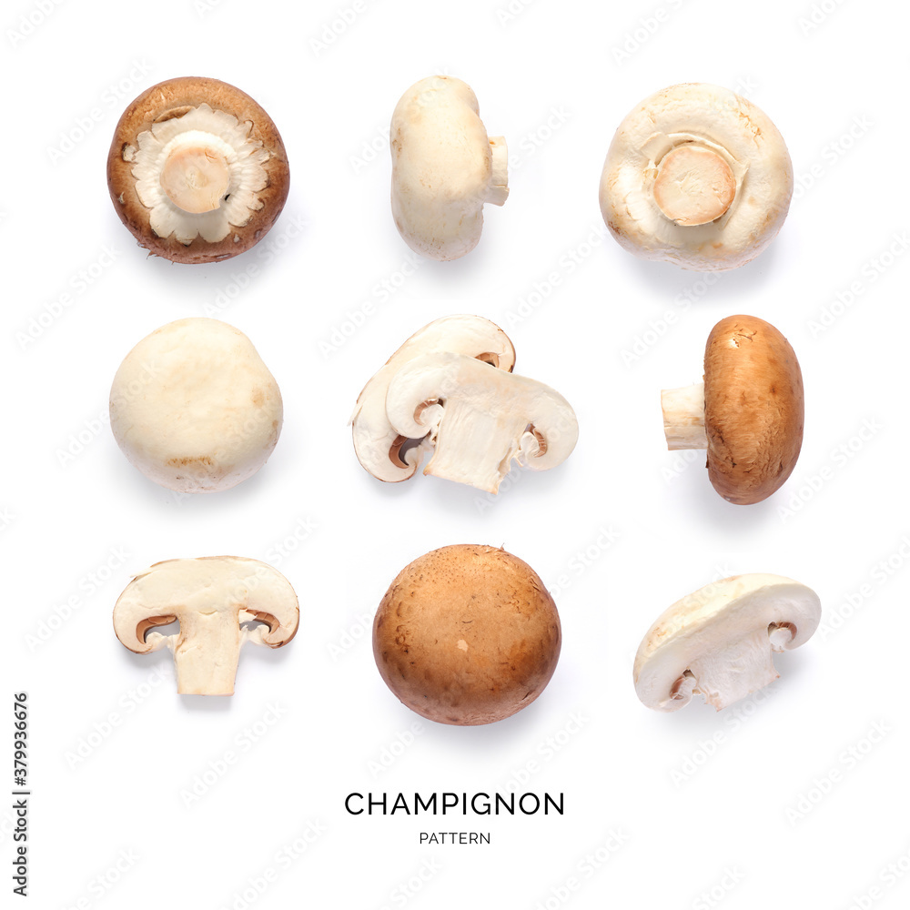 Seamless pattern with champignon. Abstract background. Champignon on the white background.