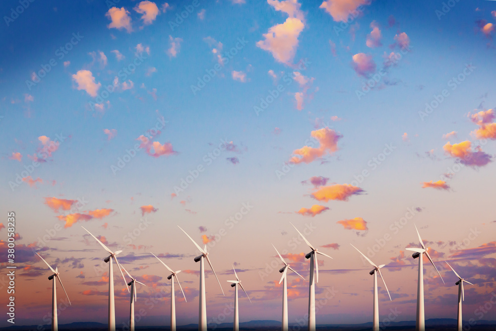 Renewable energy and wind turbines. Wind mills farm and sunset landscape.