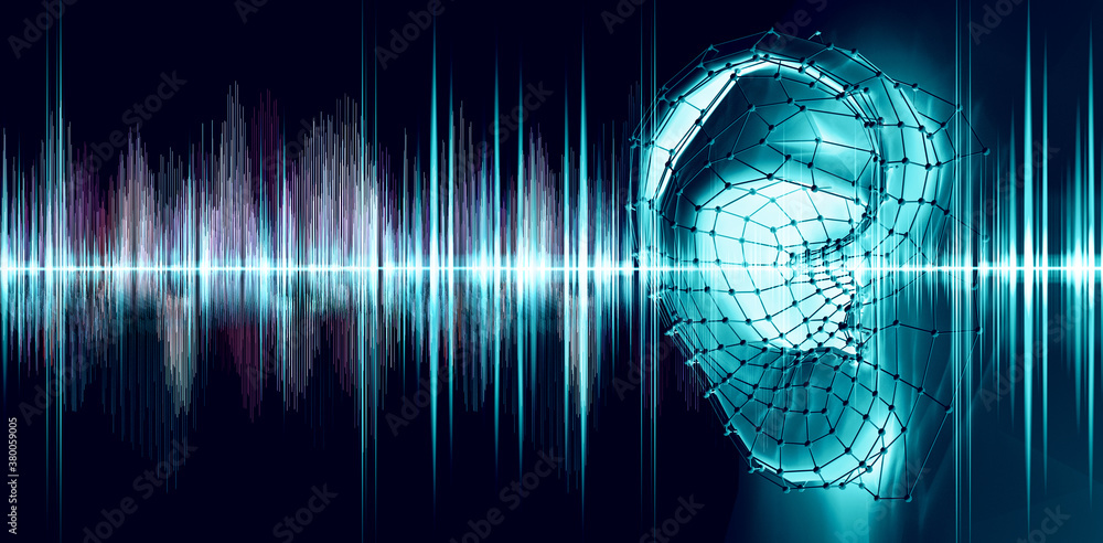 音频和声音均衡器数字计算机概念。三维插图。显示耳朵和声音的听力测试