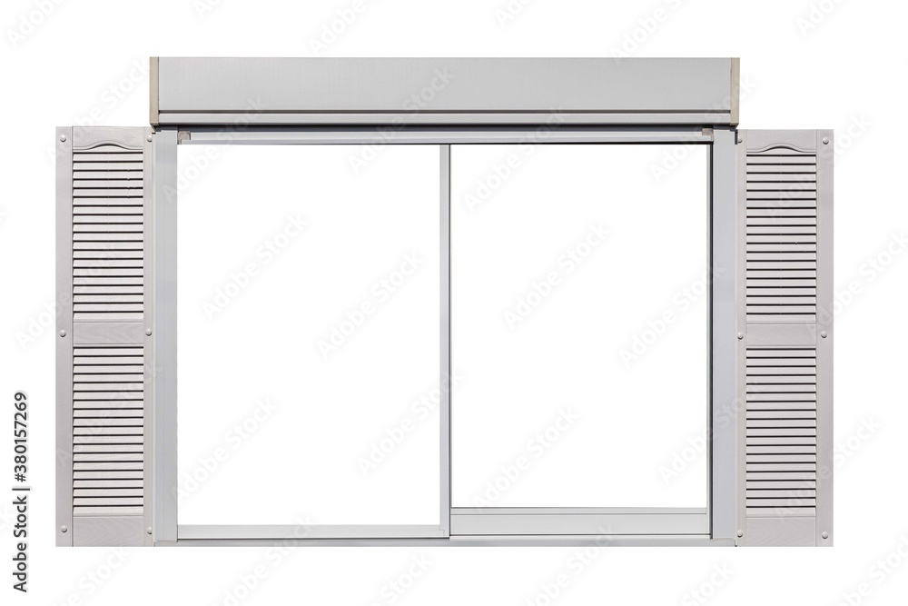 European style white wooden window frame isolated on a white background