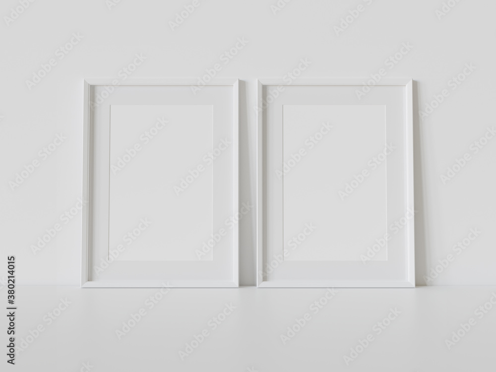 Two white frames leaning on white floor in interior mockup. Template of pictures framed on a wall 3D