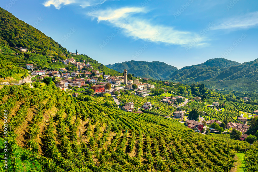 Prosecco Hills, vineyards and Santo Stefano village. Unesco Site. Valdobbiadene, Veneto, Italy