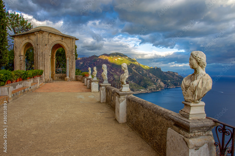  Statues in Villa Cimbrone in South Italy on Amalfi coast
 and amazing scene on Mediterranean sea  a