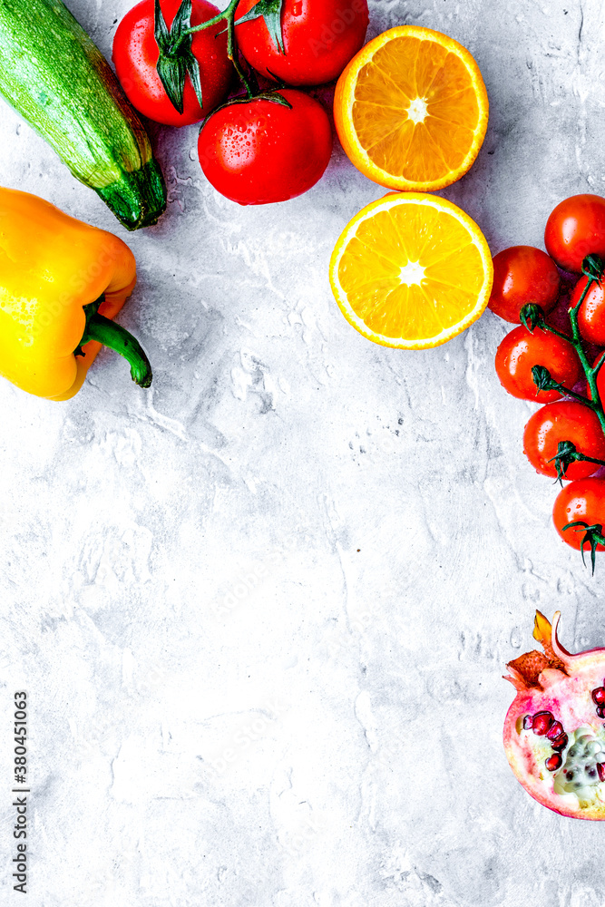 diet food with fresh fruits and vegetables salad stone background top view mockup