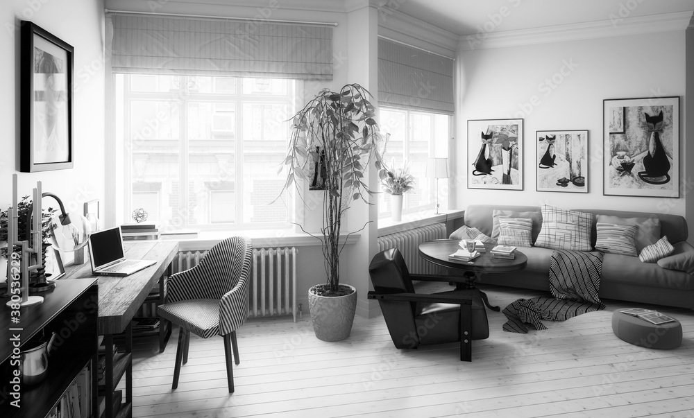 Bright City Apartment - black and white 3d visualization