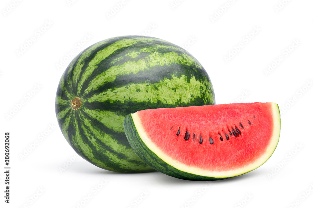 Juicy watermelon with sliced isolated on white background. Clipping path.