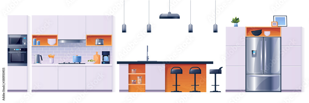 Kitchen interior fittings and appliances, vector cartoon set, background. Modern home kitchen furnit