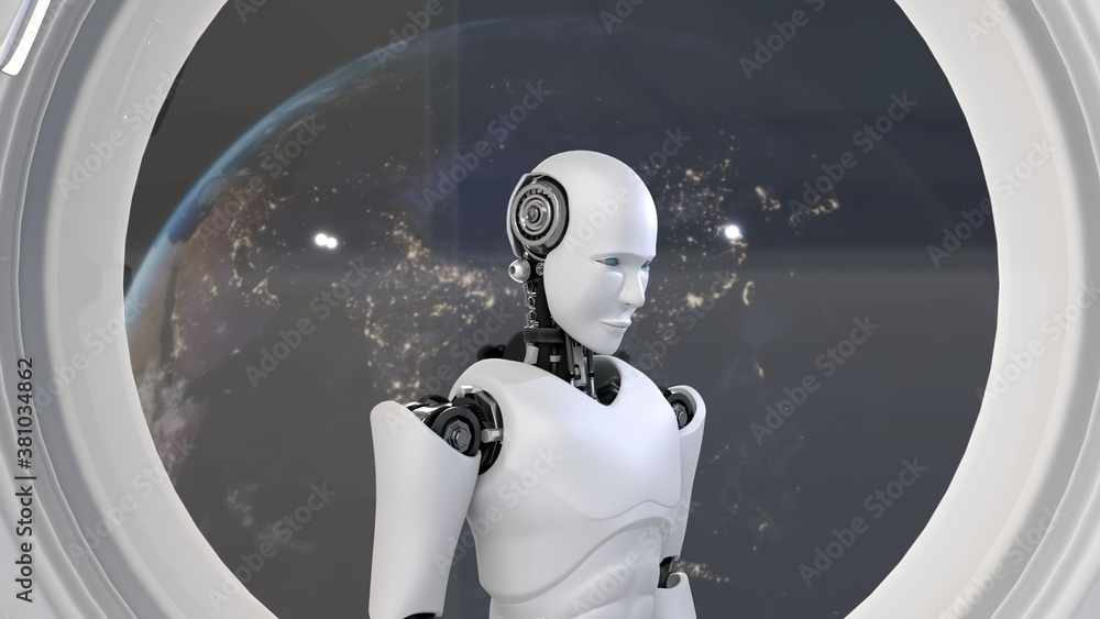 未来主义机器人，俯瞰地球的太空宇宙中宇宙飞船内的人工智能CGI
