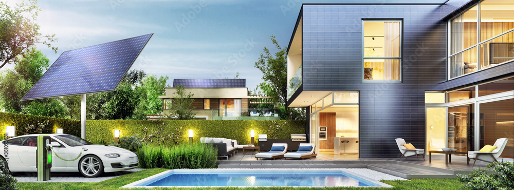 Modern house with solar panels and electric car