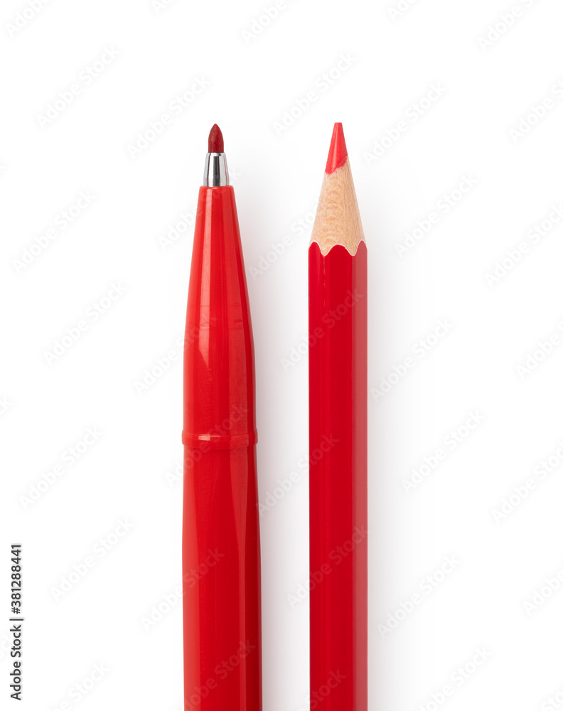 Red pencil and red pen on a white background