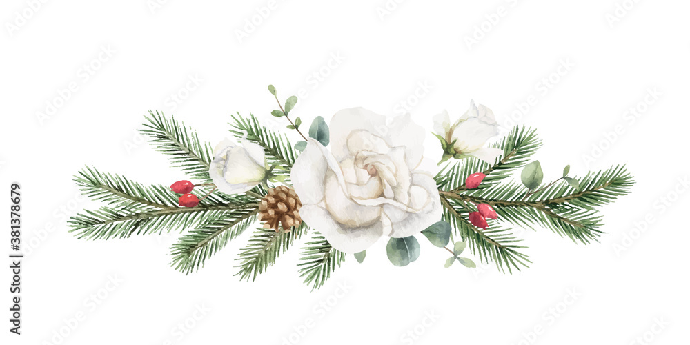 Watercolor vector Christmas wreath with fir branches, rose and eucalyptus.