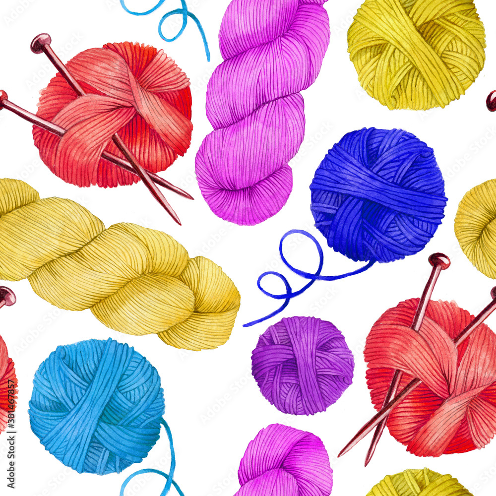 watercolor seamless pattern with colored skeins for knitting. cute, bright print on the topic of kni
