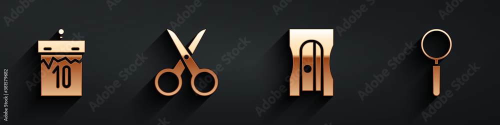 Set Calendar, Scissors, Pencil sharpener and Magnifying glass icon with long shadow. Vector.