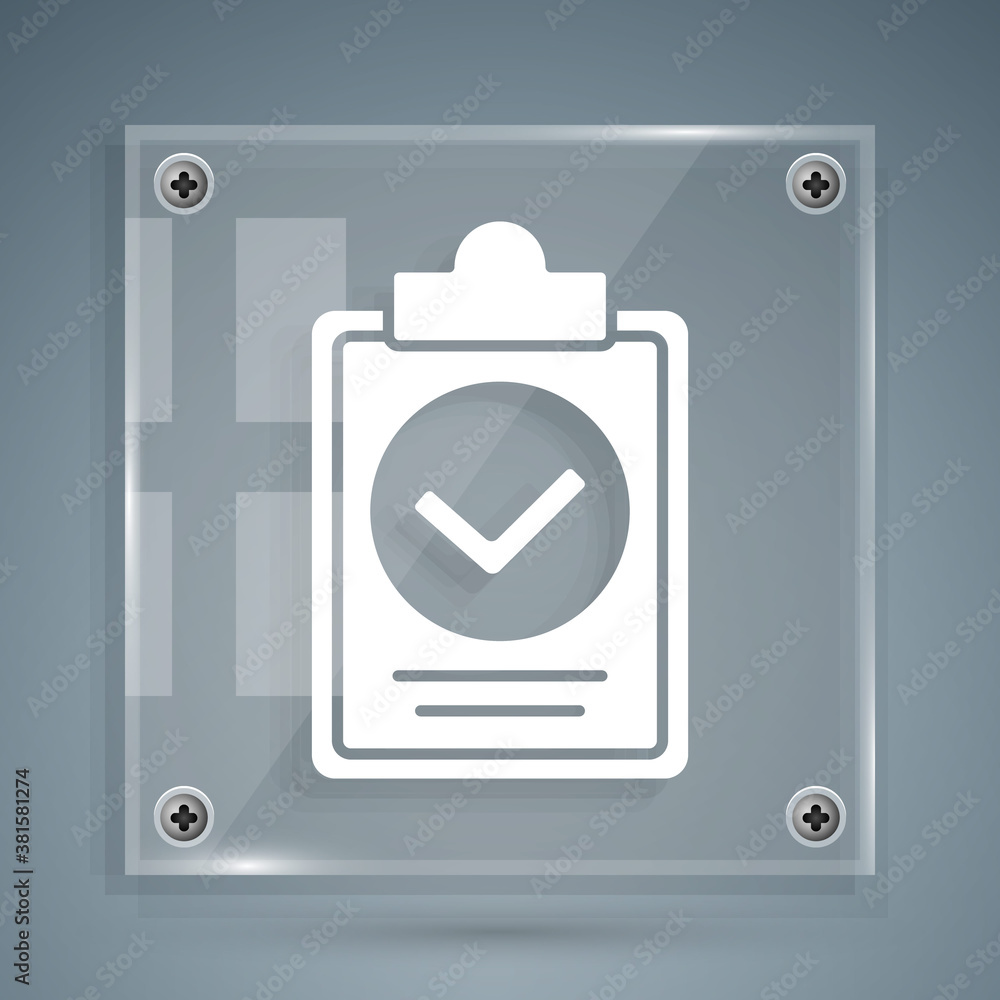 White Verification of delivery list clipboard icon isolated on grey background. Square glass panels.
