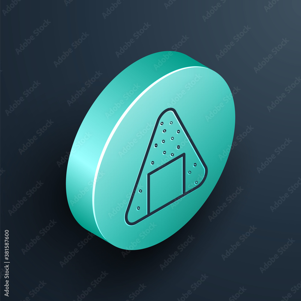 Isometric line Onigiri icon isolated on black background. Japanese food. Turquoise circle button. Ve
