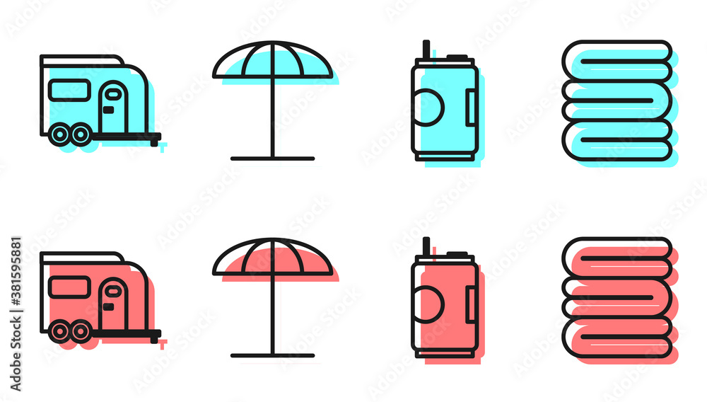 设置线苏打罐，Rv露营拖车，海滩遮阳伞和毛巾堆图标。Vecto