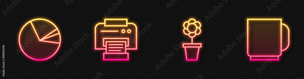 Set line Flower in pot, Pie chart infographic, Printer and Coffee cup. Glowing neon icon. Vector.