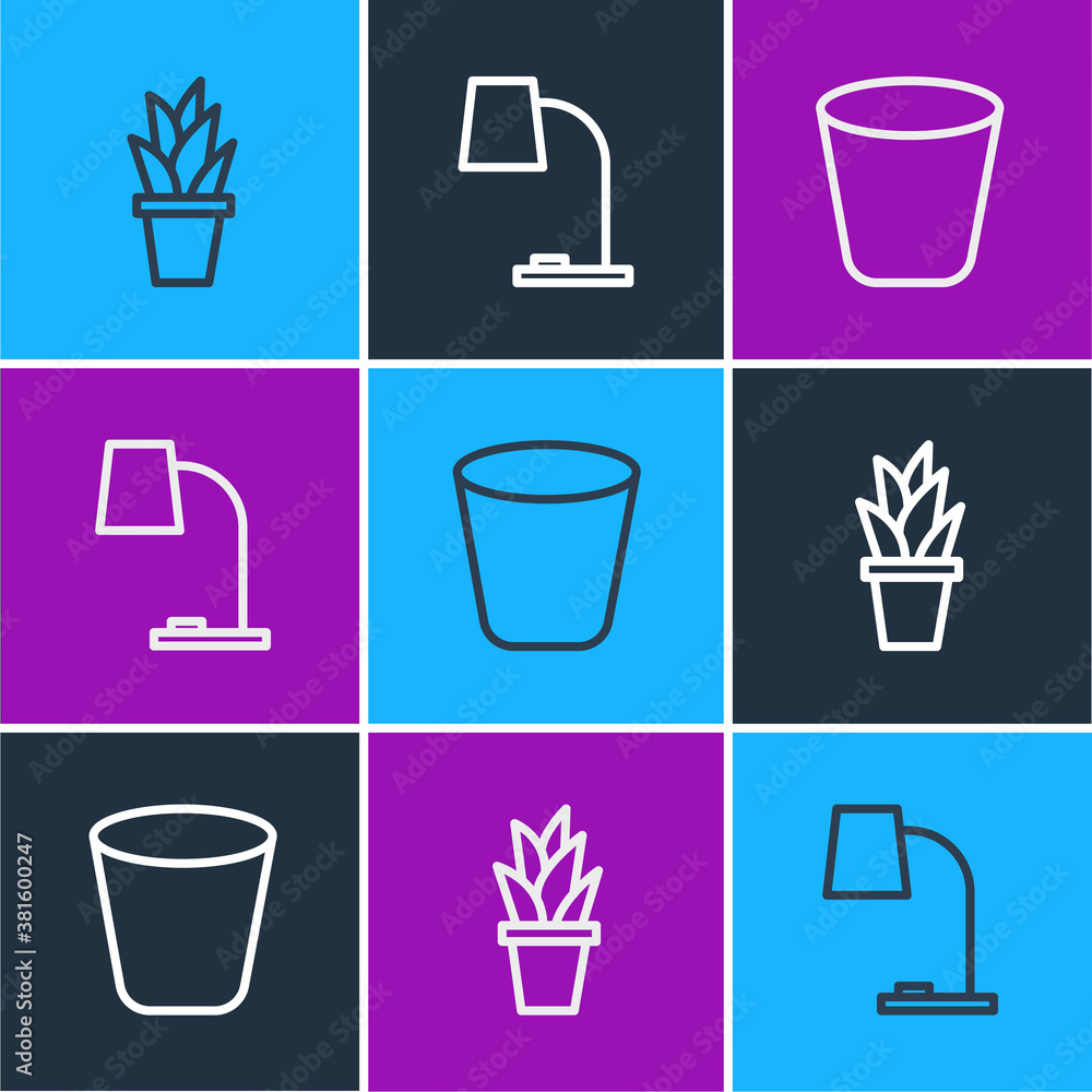 Set line Plant in pot, Trash can and Table lamp icon. Vector.