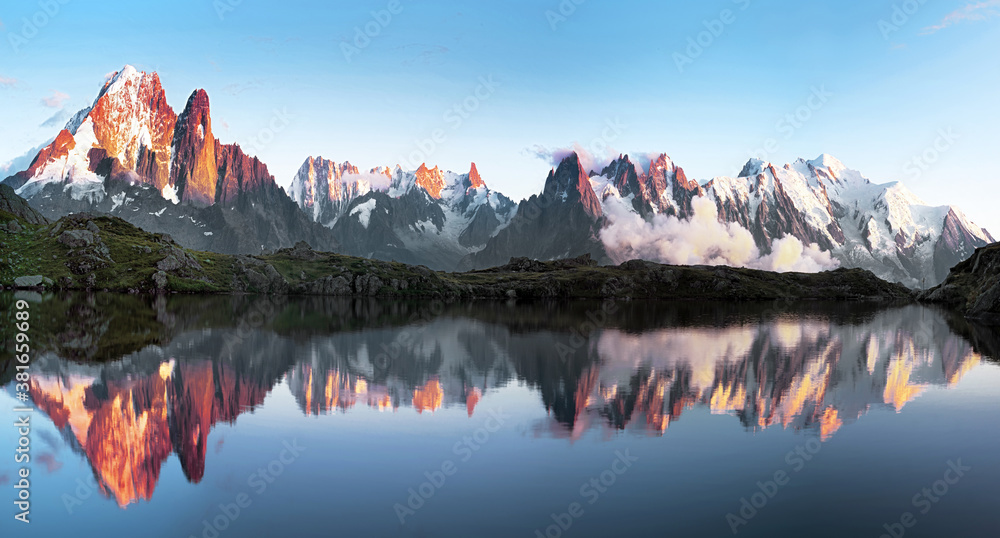 Magical sunset panorama of the Lac Blanc lake and Mont Blanc (Monte Bianco) on background, Chamonix 