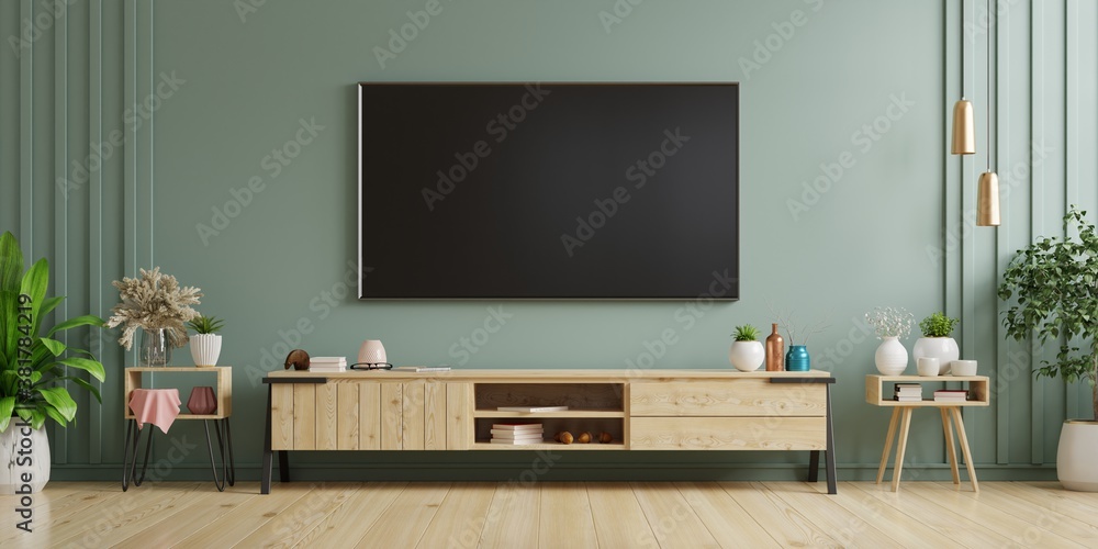 TV on cabinet in modern living room with armchair,lamp,table,flower and plant on dark green wall bac