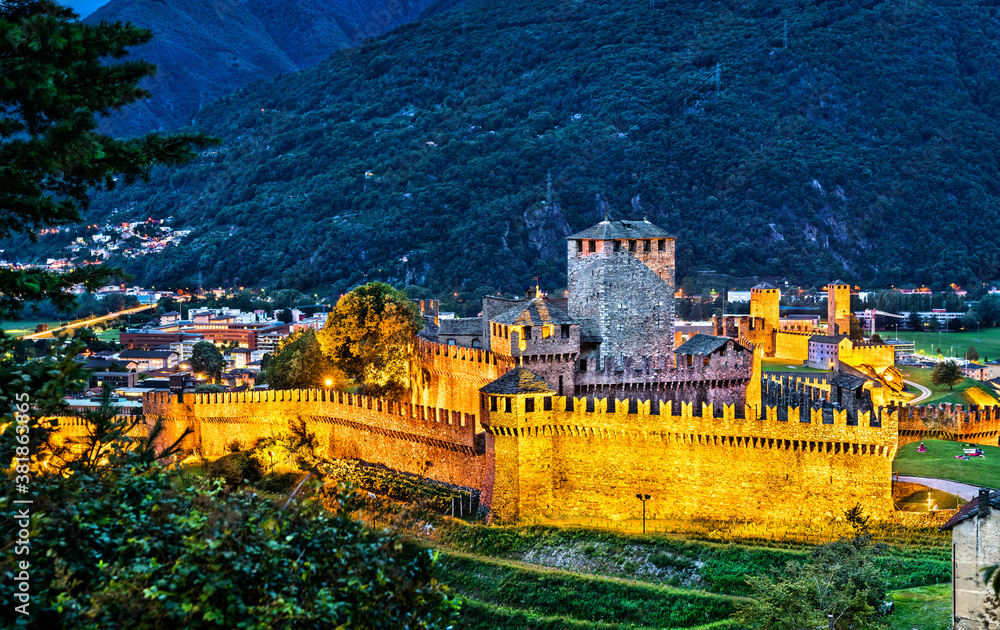 Montebello and Castelgrande, castles in Bellinzona. UNESCO world heritage in Ticino, Switzerland