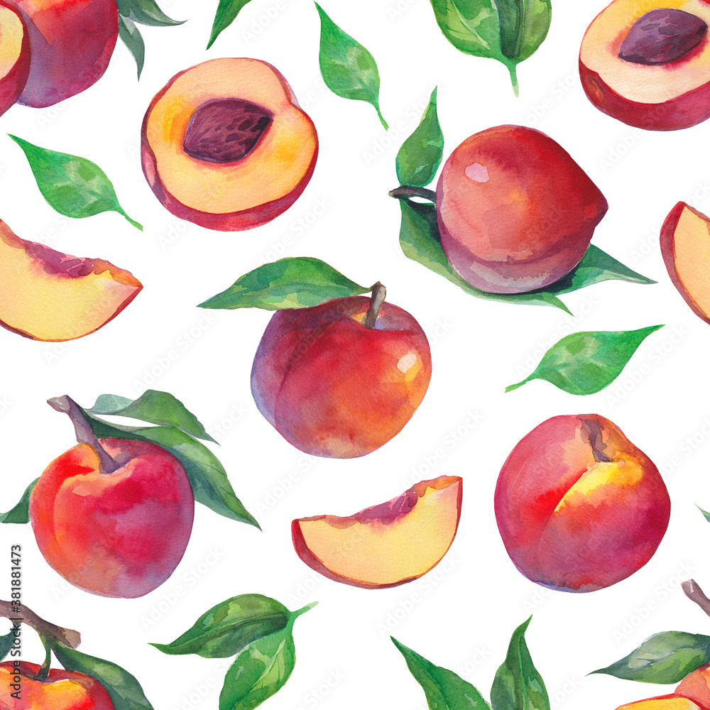 Seamless pattern with watercolor peaches on white background. Aquarelle  textures