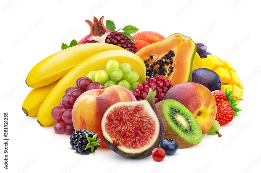 Mix of fruits and berries isolated on white background