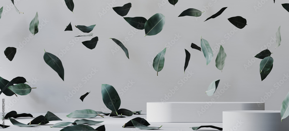 Cosmetic background for product presentation. White paper podium and falling green leaves on white b