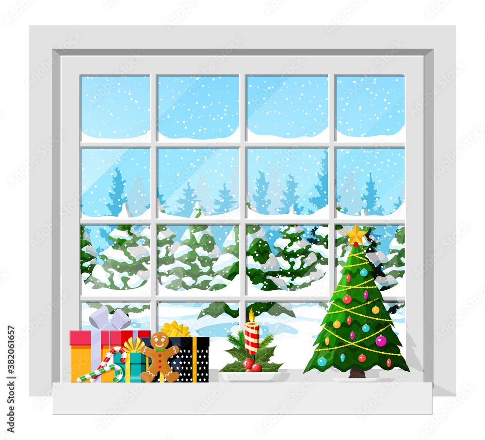 Cozy interior of room with window. Happy new year decoration. Merry christmas holiday. New year and 